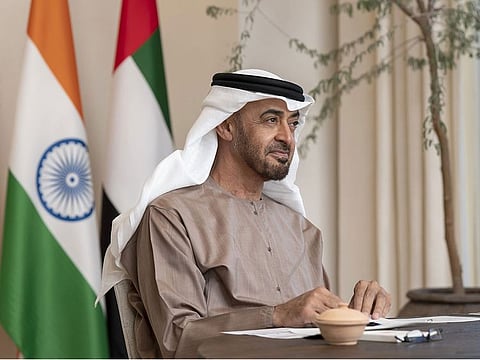 Sheikh Mohammed bin Zayed Al Nahyan, Crown Prince of Abu Dhabi and Deputy Supreme Commander of the UAE Armed Forces at a virtual summit with Indian Prime Minister Narendra Modi.