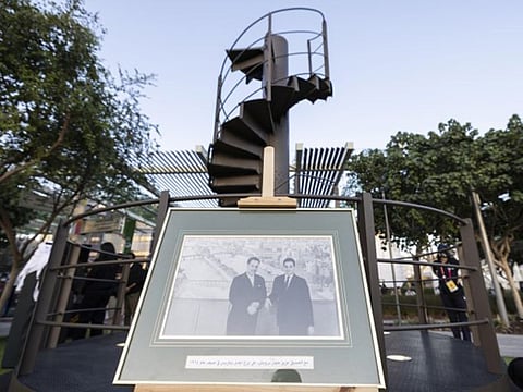 Visitors to Al Forsan Park at Expo 2020 Dubai can now see a section of the original staircase of the Eiffel Tower in Paris. In the foreground is a photo of renowned Emirati poet, author, philosopher and explorer Mohammed Saleh Al Gurg, who passed away on November 8, 2020. The project at Expo is dedicated to Mohammed Saleh Al Gurg.