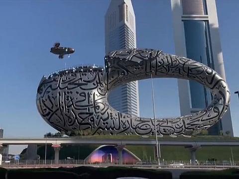 The surreal scene showing the futuristic flying object landing inside the museum was shared on social media