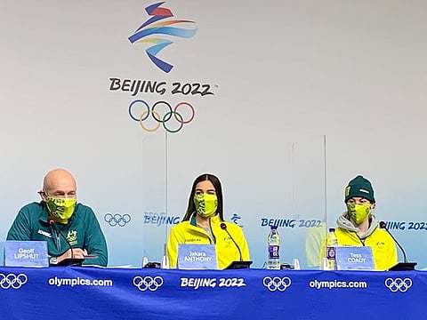 Australian chef de mission Geoff Lipshut with gold medalist Jakara Anthony and bronze medalist Tess Coady.