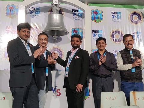Play!: Avishek Dalmiya (left), President of Cricket Association of Bengal, at the ceremonial bell-ringing ceremony to usher in the start of the first T20 International between India and West Indies at the Eden. Chetan Sharma (third left), chairman of selectors, did the honours while Snehasis Ganguly (next to him), secretary of CAB and a former first class cricketer, is also seen with other officials.