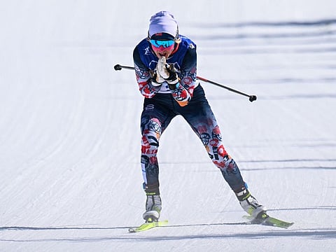Norway's Therese Johaug competes in the women's 30km mass start free cross-country event during the Beijing 2022 Winter Olympic Games at the Zhangjiakou National Cross-Country Skiing Centre in Zhangjiakou.