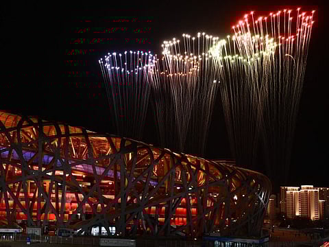 A general view of fireworks light up the sky above the National Stadium, known as the Bird's Nest, during the closing ceremony of the Beijing 2022 Winter Olympic Games in Beijing.