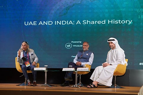 Omar Saif Ghobash, UAE Assistant Minister of Public and Cultural Diplomacy (R), Navdeep Singh Suri (centre), former Indian Ambassador to the UAE, and Sanjoy K Roy (L), managing director of Teamwork Arts, who moderated the session at the event