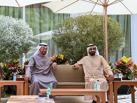 Sheikh Mohammed bin Rashid Al Maktoum (R) and His Highness Sheikh Mohamed bin Zayed Al Nahyan (L) at Al Marmoom in Dubai