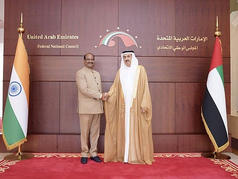 Saqr Ghobash (R), the FNC Speaker, with Om Birla (L) at the Federal National Council in Abu Dhabi on Monday