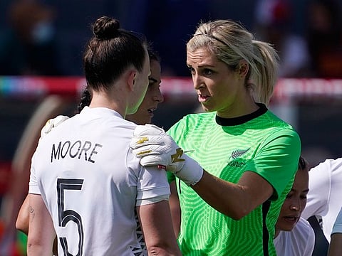New Zealand goalkeeper Erin Nayler (right) consoles defender Meikayla Moore after she scored three own goals during the first half of the 2022 SheBelieves Cup match in Carson, California.