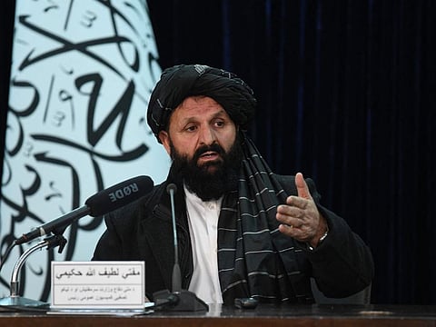 Latifullah Hakimi, head of the Taliban's Ranks Clearance Commission speaks during a news conference in Kabul on February 21, 2022.