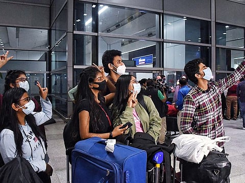 Students who arrived from Ukraine at the Delhi airport on February 23.