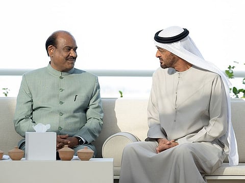 Sheikh Mohamed bin Zayed with Om Birla, the Speaker of India's Lok Sabha, at Qasr Al Bahr Majlis.