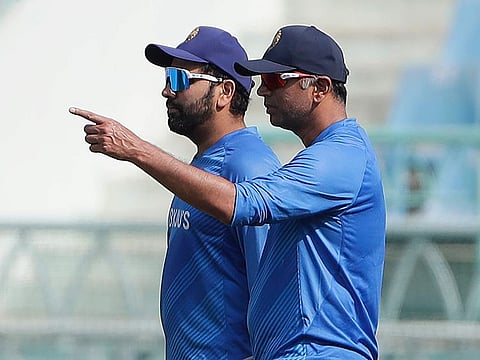 Indian captain Rohit Sharma (left) and head coach Rahul Dravid will find a remedy to the top order's approach to a modest target.