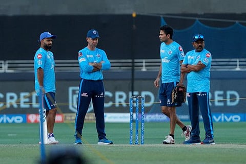 Delhi Capitals captain Rishabh Pant and coach Ricky Ponting, Mohammad Kaif and Pravin Amre inspect the wicekt in Dubai. Delhi Capitals co-owners GMR has acquired Dubai franchise in UAE T20 League.