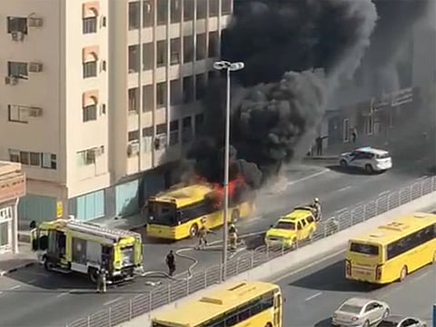The school bus caught fire in the Al Khan area of Sharjah today.