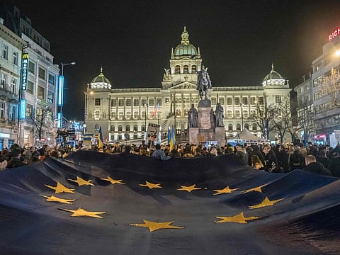 Pro-Ukraine demonstrators display a EU flag during a demonstration in support to Ukraine at the Wenceslas square in Prague, Czech Republic on February 22, 2022 following Russia's recognition of eastern Ukrainian separatists.