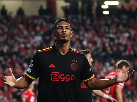 Ajax's Sebastien Haller celebrates after scoring.