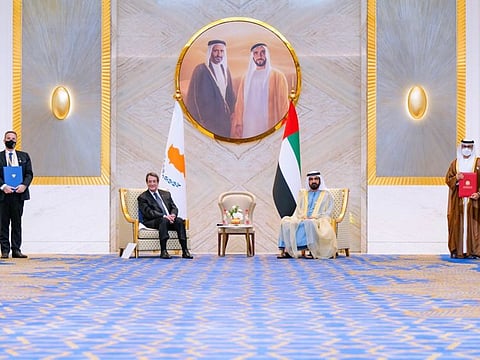 His Highness Sheikh Mohammed bin Rashid Al Maktoum with Nicos Anastasiades, the President of Cyprus, at Expo 2020 Dubai today.