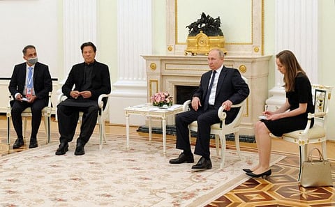 Russian President Vladimir Putin meets with Pakistan's Prime Minister Imran Khan at the Kremlin in Moscow on February 24, 2022.