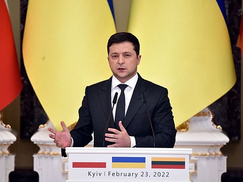 Ukrainian President Volodymyr Zelensky attends a joint press conference with his counterparts from Lithuania and Poland following their talks in Kyiv on February 23, 2022.