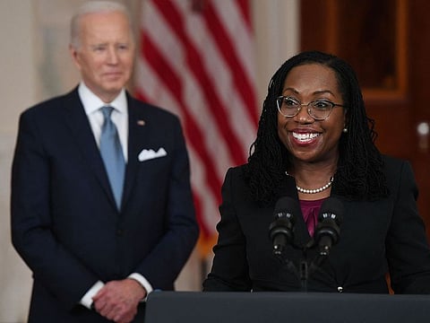 Judge Ketanji Brown Jackson, with President Joe Biden, speaks after she was nominated for Associate Justice of the US Supreme Court, in the Cross Hall of the White House in Washington, DC, February 25, 2022.