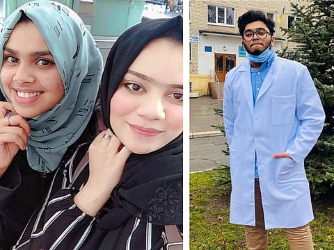 Students Ashna Shahansha (extreme left), Fathima Nujum and Muhammed Adil who flew back to the UAE from Ukraine.