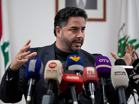 Minister of Economy and Trade Amin Salam, speaks during a press conference in Beirut, Lebanon, on February 25, 2022. Salam said the small crisis-hit country which imports most of its wheat from Ukraine has one month's wheat reserves at most.