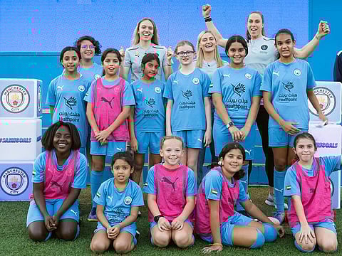 Manchester City's Karen Bardsley, Esme Morgan and Laura Coombs were at Dubai Expo 2020 engaging with young supporters as part of the #SameGoals initiative, an innovative and long-standing global campaign with the aim to get young women across the world involved in the game.