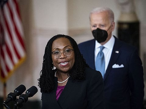 Ketanji Brown Jackson, nominee for associate justice of the U.S. Supreme Court, speaks during an announcement ceremony with U.S. President Joe Biden, right, at the White House in Washington, D.C., U.S., on Friday, Feb. 25, 2022. Jackson, 51, would be the first Black woman on the Supreme Court if confirmed and is a federal appeals court judge who once served as a public defender, a job no justice has ever held.