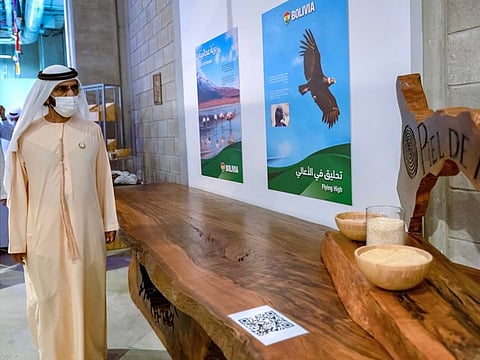 His Highness Sheikh Mohammed bin Rashid Al Maktoum at the Bolivia Pavilion in Expo 2020 Dubai today.