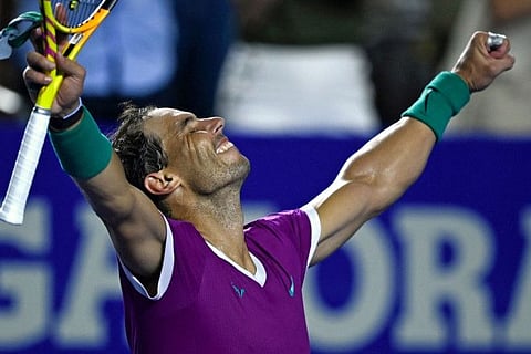 Spain's Rafael Nadal celebrates after defeating Russia's Daniil Medvedev during their Mexico ATP Open 500 men's singles semi-final tennis match at the Arena GNP, in Acapulco, Mexico.