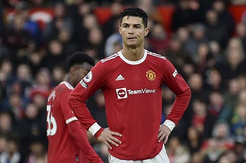 Manchester United's Cristiano Ronaldo reacts during the English Premier League match against Watford at Old Trafford in Manchester, England.