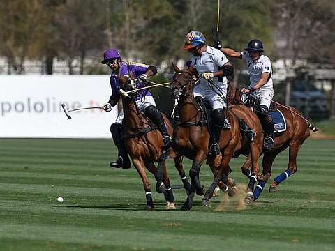 Action from the Dubai Gold Cup polo quarter-finals between Abu Dhabi Polo and Zedan Polo at Habtoor Polo, Resort and Club in Dubai on Saturday.