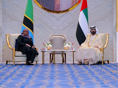 His Highness Sheikh Mohammed bin Rashid Al Maktoum with President Samia Suluhu Hassan at Expo 2020 Dubai today.