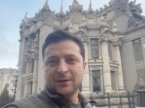 Ukrainian President Volodymyr Zelensky addresses Ukrainians in Kyiv, Ukraine, on February 26, 2022 in this screengrab obtained from a social media video.