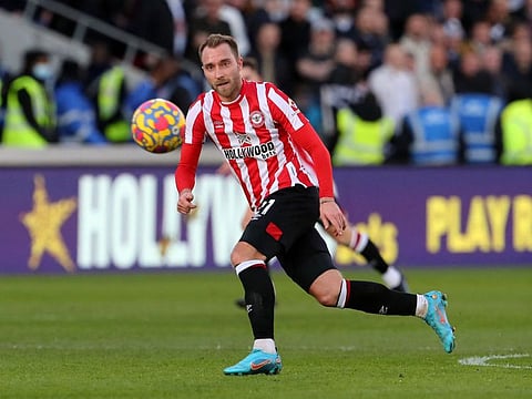 Back in action! Brentford's Danish midfielder Christian Eriksen runs with the ball during the English Premier League match against Newcastle United at Brentford Community Stadium in London.