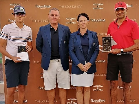 The Jumeirah Pairs winners Damien and Sarwant Saini, with JGE captains Steve Drake and Sheila McIlroy