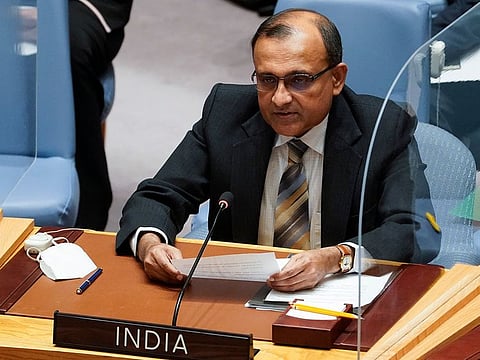 India's Ambassador to the United Nations T. S. Tirumurti address a UN Security Council meeting on the Ukraine crisis, Friday Feb. 25, 2022 at UN headquarters