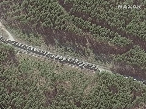 A satellite image shows northern end of convoy logistics and resupply vehicles, southeast of Ivankiv, Ukraine, February 28, 2022.
