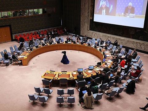 The Security Council holds a meeting to address the attack of Ukraine at the United Nations headquarters in New York City.