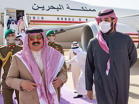 Saudi Crown Prince Mohammed Bin Salman (left) receives King Hamad of Bahrain upon his arrival in Riyadh on Wednesday.