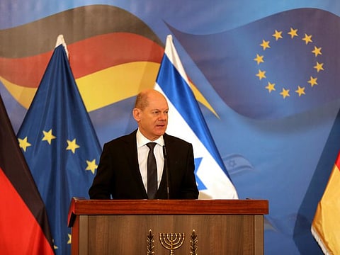 German Chancellor Olaf Scholz gives a joint press conference with the Israeli prime minister at the King David Hotel in Jerusalem on March 2, 2022.