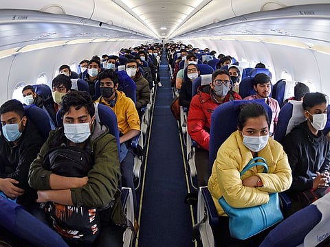 Indian students evacuated from war-torn Ukraine on their arrival, at IGI Airport in New Delhi, India on Wednesday