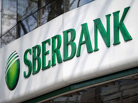 The logo of Russia's largest lender Sberbank, in Ljubljana.