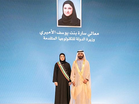 His Highness Sheikh Mohammed bin Rashid Al Maktoum, Vice President and Prime Minister of the UAE and Ruler of Dubai, with one of the winners of the 6th edition of the Mohammed Bin Rashid Government Excellence Award at Expo 2020 Dubai.