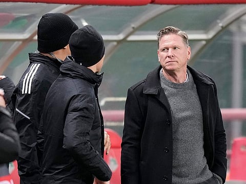 Lokomotiv's head coach Markus Gisdol speaks with his teammates during the group E, Europa League soccer match between Lokomotiv Moscow and Lazio at Lokomotiv stadium in Moscow, Russia, Thursday, Nov. 25, 2021.