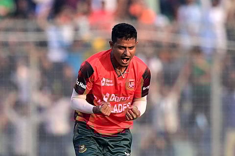 Bangladesh's Nasum Ahmed celebrates after taking the wicket of Afghanistan's Hazratullah Zazai during the first Twenty20 at the Sher-e-Bangla National Cricket Stadium in Dhaka on Thursday.