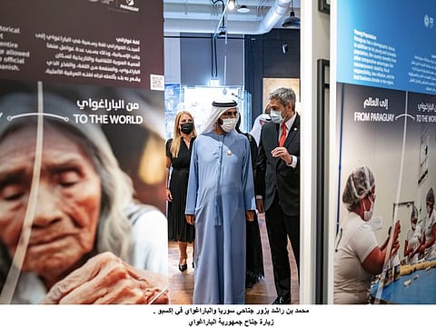 Mohammed Bin Rashid Al Maktoum during the Paraguay Pavilion visit on Thursday at Expo 2020 Dubai