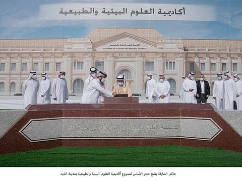 His Highness Dr Sheikh Sultan bin Muhammad Al Qasimi today laid the foundation stone of Academy of Ecology and Natural Sciences in Al Dhaid, in the presence of Sheikh Sultan bin Ahmed bin Sultan Al Qasimi.