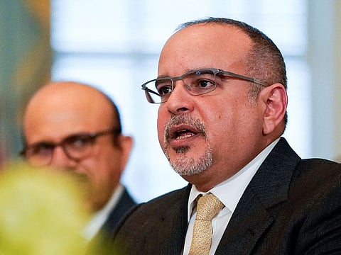 Bahrain's Crown Prince and Prime Minister, Salman bin Hamad Al Khalifa, speaks as he meets with U.S. Secretary of State Antony Blinken at the State Department in Washington, U.S., March 2, 2022.