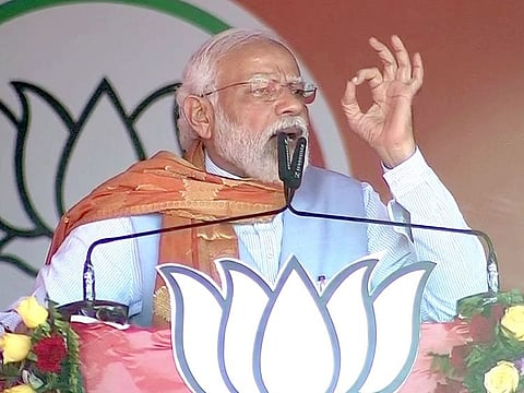 Prime Minister Narendra Modi addresses a public rally for the seventh phase of Uttar Pradesh Election2022, in Chandauli on Thursday.