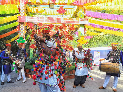 Folk artists perform at the inaugural session of an earlier edition of the Jaipur Literature Festival, at Diggi Palace in Jaipur. The 2022 edition of the event begins at Clarks Amer in Jaipur tomorrow.